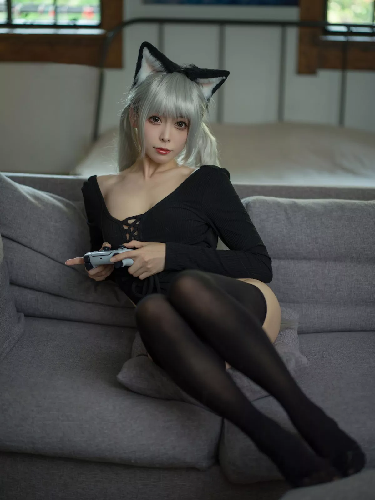 丽人Cosplay 樱岛嗷一 黑猫线衣连体衣