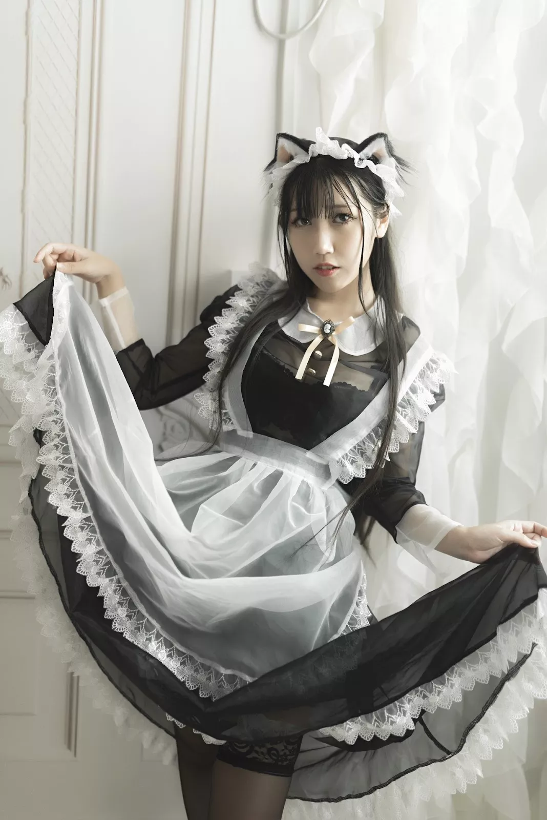 仙女Cosplay 性感私拍 不呆猫 透亮黑色丝袜 女仆