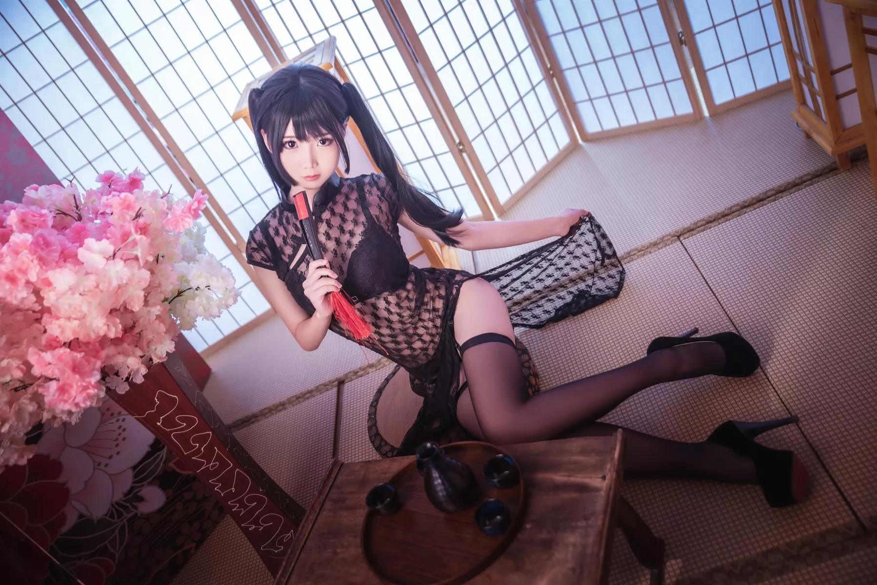 女神Cosplay 面饼仙儿 黑色丝袜性情旗袍